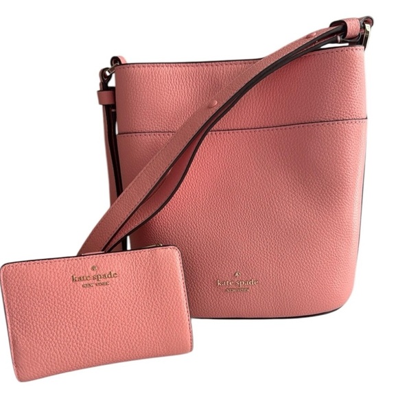 Kate Spade Leila Pebbled Leather Small Bucket Bag and Wallet Set Coral Pink - Picture 1 of 8